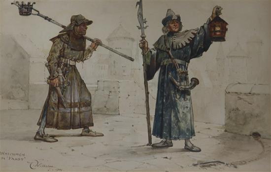 T. Willhelm watercolour Watchmen In Faust 1901, 13 x 21cm.